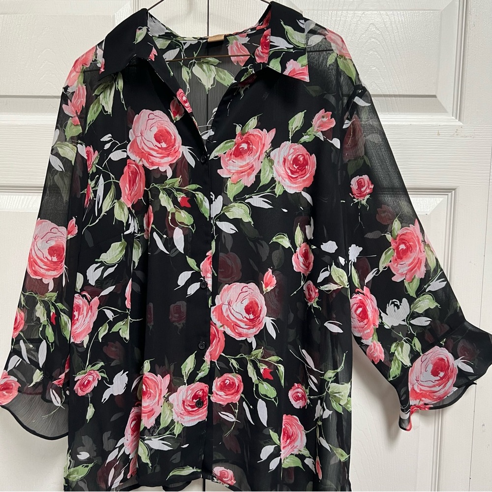Notations Black Sheer Blouse with Pink Floral Design 3/4 Sleeves